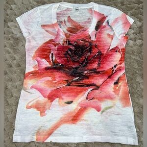 Cache Vintage Rose Graphic Tee XL Embellished Rhinestone Sheer Top Y2K